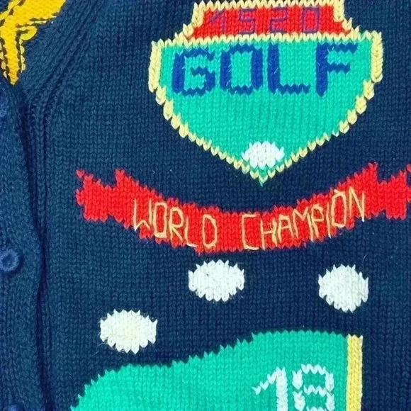 Lumy Hand Knitted Vintage Golf Theme Cardigan Sweater Size Large - Picture 4 of 7